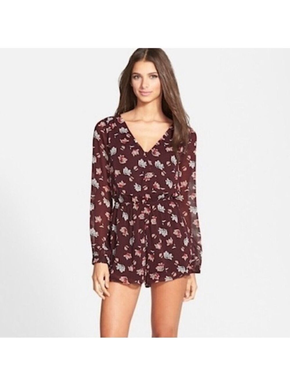 Astr Burgundy Long Sleeve Floral Romper Size Xs